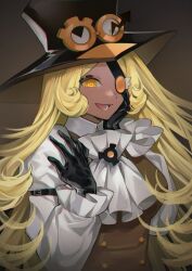  1girl :d @_@ absurdres ascot black_gloves black_hat blonde_hair brown_vest buttons chromatic_aberration collared_shirt cookie_run cookie_run:_ovenbreak dark-skinned_female dark_skin double-breasted eyepatch frilled_sleeves frills gloves goggles goggles_on_headwear grey_background hand_on_own_cheek hand_on_own_face hand_on_own_shoulder hands_up hat highres hjoe8 humanization long_hair long_sleeves looking_at_viewer lower_teeth_only open_mouth orange_eyes parted_bangs puffy_long_sleeves puffy_sleeves shirt simple_background smile solo teeth timekeeper_cookie tongue top_hat upper_body vest white_ascot white_shirt 