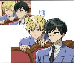  17_00 2boys animal_ears black_eyes black_hair blonde_hair commentary_request couch derivative_work dog_boy dog_ears glasses kemonomimi_mode korean_commentary looking_at_another looking_at_viewer male_focus multiple_boys ootori_kyouya ouran_high_school_host_club ouran_high_school_uniform reference_inset school_uniform screenshot_inset screenshot_redraw short_hair sitting suou_tamaki upper_body violet_eyes white_background 