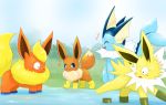  boots eevee eeveelutions field flareon gen_1_pokemon grass highres jolteon kenikenikeke pokemon puddle rubber_boots vaporeon water 