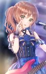  1girl absurdres bang_dream! bangs blue_dress braid brown_hair collarbone commentary_request cowboy_shot dress electric_guitar eyebrows_visible_through_hair gohan_(lupina1023) green_eyes guitar highres imai_lisa index_finger_raised instrument long_hair looking_at_viewer microphone red_nails ribbon sleeveless solo 
