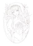  1girl absurdres doll flower greyscale hand_up head_wreath highres lineart long_hair looking_at_viewer monochrome ngkaa no_pupils original ribs smile solo white_headwear 