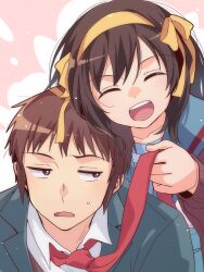  1boy 1girl blazer blue_sailor_collar brown_cardigan brown_eyes brown_hair cardigan clothes_grab collared_shirt facing_viewer green_jacket hair_ribbon hairband happy highres jacket kita_high_school_uniform kyon long_sleeves looking_at_another looking_to_the_side medium_hair necktie necktie_grab neckwear_grab open_cardigan open_clothes open_jacket open_mouth ribbon sailor_collar school_uniform serafuku shirt short_hair suzumiya_haruhi suzumiya_haruhi_no_yuuutsu taiki_(6240taiki) teeth tongue upper_teeth_only white_shirt winter_uniform yellow_hairband yellow_ribbon 
