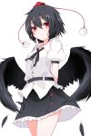  1girl arms_behind_back black_hair black_ribbon black_skirt black_wings collared_shirt cowboy_shot expressionless feathered_wings feathers frilled_skirt frills hat highres looking_at_viewer nankotsu pom_pom_(clothes) puffy_short_sleeves puffy_sleeves red_eyes ribbon shameimaru_aya shirt short_hair short_sleeves simple_background skirt slit_pupils solo thighs tokin_hat touhou white_background white_shirt wings 