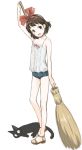  1girl :d alternate_costume animal arm_up bare_arms bare_legs bare_shoulders black_cat bow broom brown_eyes brown_footwear brown_hair casual cat commentary frilled_shirt frills full_body hair_bow hairband jiji_(majo_no_takkyuubin) kiki kokekokko_coma looking_at_viewer majo_no_takkyuubin micro_shorts open_mouth red_bow red_hairband sandals shirt short_hair shorts simple_background smile solo standing white_background white_shirt 