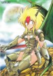  1980s_(style) 1girl armor armored_boots blonde_hair boots capricorn_(ova) copyright_name dragon_girl dragon_horns dragon_tail dragon_wings earrings gauntlets horns jewelry long_hair manabe_jouji mona_(capricorn) multicolored_hair official_art oldschool pauldrons redhead shoulder_armor sitting solo tail two-tone_hair wings 