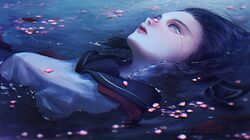  1girl black_hair breasts cherry_blossoms crying eyelashes fine_art_parody from_side hair_slicked_back highres lips long_hair looking_away neckerchief ophelia_(painting) original parody partially_submerged petals red_neckwear rize school_uniform serafuku solo streaming_tears tears untied upper_body water 