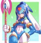  1girl android blue_eyes bodysuit breasts covered_navel cowboy_shot hand_on_hip helmet highres holding holding_weapon kamiyama_teten leviathan_(rockman) polearm rockman rockman_zero simple_background small_breasts smile solo spear thigh-highs weapon 
