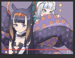  +_+ 2girls absurdres black_hair blue_eyes blue_hair breasts eating english_commentary gawr_gura hair_ornament highres hololive hololive_english livestream long_hair multiple_girls ninomae_ina&#039;nis simple_background small_breasts syhan tears tentacles violet_eyes 