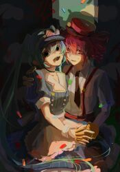  2girls apron black_necktie blue_sky bow breasts buttons clouds collared_dress collared_shirt confetti crying crying_with_eyes_open dark double-breasted dress drill_hair gloves hat hat_bow hatsune_miku highres holding_hands interlocked_fingers kasane_teto kepi long_hair mao206327 mesmerizer_(vocaloid) military_hat multiple_girls necktie open_mouth pants red_eyes red_hat red_pants redhead sailor_collar shirt short_sleeves sky small_breasts striped_bow striped_clothes striped_dress striped_hat suspenders sweatdrop tears twin_drills twintails utau visor_cap vocaloid waist_apron white_apron white_wrist_cuffs wing_collar wrist_cuffs yellow_gloves 