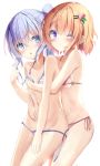 2girls ;) bangs bare_arms bare_shoulders bikini blue_eyes blue_hair blush breasts brown_hair closed_mouth commentary_request eyebrows_visible_through_hair eyes_visible_through_hair gochuumon_wa_usagi_desu_ka? groin hair_between_eyes hair_ornament hairclip highres hoto_cocoa hug hug_from_behind kafuu_chino long_hair multiple_girls na!?_(naxtuyasai) navel o-ring o-ring_bikini o-ring_top one_eye_closed side-tie_bikini simple_background small_breasts smile striped striped_bikini swimsuit twintails violet_eyes white_background 