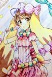  1girl :o blonde_hair candy colored_pencil_(medium) food graphite_(medium) heart highres lollipop looking_at_viewer pose solo traditional_media twintails vocaloid watercolor_(medium) yuru_mame 