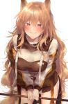  1girl absurdres allze animal_ears arknights blush breasts brown_eyes brown_hair ceobe_(arknights) commentary_request cowboy_shot highres leaning_forward long_hair long_sleeves looking_at_viewer simple_background smile solo standing thighs very_long_hair white_background 