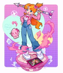  1girl absurdres artist_self-insert belt belt_charm blue_eyes blue_pants border bow bowtie charm_(object) commentary creature denim drawing_tablet english_commentary full_body hair_ornament heart heart_hair_ornament highres holding holding_wand indie_virtual_youtuber jacket jeans long_hair looking_at_viewer marikyuunn marikyuunn_(vtuber) marikyuunn_(vtuber)_(classic) open_clothes open_jacket orange_hair pants pink_bow pink_bowtie pink_jacket shirt shoes short_ponytail smoke sneakers solo sparkle standing tamagotchi tamagotchi_(virtual_pet) virtual_youtuber wand white_border white_footwear white_shirt 
