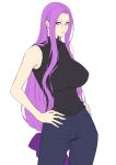  1girl bow breasts cowboy_shot eyebrows_visible_through_hair fate/stay_night fate_(series) hair_tie hands_on_hips large_breasts long_hair looking_at_viewer low-tied_long_hair pants purple_hair rider sidelocks sleeveless_sweater solo sweater turtleneck turtleneck_sweater very_long_hair violet_eyes zucchini 