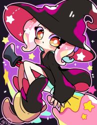  1girl black_dress black_footwear black_hat boots bright_pupils broom broom_riding brown_eyes commentary_request dress full_body hat highres inkbrush_(splatoon) looking_at_viewer medium_hair octoling octoling_girl octoling_player_character open_mouth paint pink_hair short_eyebrows solo sparkle splatoon_(series) splatoon_3 star_(symbol) tentacle_hair thick_eyebrows white_pupils wide_sleeves witch_hat yoshishi_(yosisitoho) 