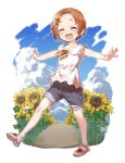  1girl :d ^_^ bangs bare_arms blush brown_footwear brown_hair closed_eyes collared_shirt day facing_viewer field flower flower_field forehead full_body grey_shorts hair_flower hair_ornament hairclip highres idolmaster idolmaster_cinderella_girls neck_ribbon open_mouth outstretched_arms parted_bangs ribbon ryuuzaki_kaoru sandals shirt short_hair short_shorts shorts sleeveless sleeveless_shirt smile solo spread_arms standing standing_on_one_leg sunflower sunflower_hair_ornament white_shirt yellow_flower yellow_ribbon yukie_(kusaka_shi) 