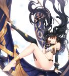  1girl bangs bare_shoulders bikini black_hair blush breasts detached_sleeves earrings fate/grand_order fate_(series) gold_trim hoop_earrings ishtar_(fate)_(all) ishtar_(fate/grand_order) jewelry long_hair looking_at_viewer medium_breasts neck_ring red_eyes single_detached_sleeve single_thighhigh smile sukusu909 swimsuit thigh-highs tiara toeless_legwear two_side_up 