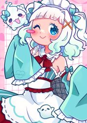  1girl absurdres apron blue_eyes blush detached_sleeves dress green_dress green_hair green_sleeves hair_ornament highres indie_virtual_youtuber looking_at_viewer maid maid_apron maid_headdress marikyuunn mint_fantome mint_fantome_(minto_2.0) short_hair sleeves_past_fingers sleeves_past_wrists smile star_(symbol) star_in_eye symbol_in_eye two_side_up virtual_youtuber white_apron white_hair white_headdress wisps_(mint_fantome) x_hair_ornament 