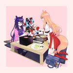  3girls 7meill animal_ear_fluff animal_ears bag bandage_over_one_eye bandaged_arm bandages black_hair blonde_hair blue_hair blue_neckwear chopsticks commentary_request cushion drinking_straw eating fate/grand_order fate_(series) fox_ears fox_girl fox_tail glass glasses highres jacket licking_lips long_hair looking_at_another multicolored_hair multiple_girls murasaki_shikibu_(fate) murasaki_shikibu_(swimsuit_rider)_(fate) nabe neck_ribbon neckerchief obentou open_clothes open_jacket pink_jacket plate pleated_skirt purple_hair red_footwear red_neckwear red_skirt redhead ribbon school_bag school_uniform sei_shounagon_(fate) serafuku short_hair side_slit sitting skirt socks streaked_hair suzuka_gozen_(fate) table tail tongue tongue_out very_long_hair violet_eyes wooden_table yellow_eyes 