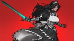  1girl armor black_hair breasts commentary cowboy_shot english_commentary gauntlets highres holding holding_sword holding_weapon large_breasts less long_hair maid maid_headdress original red_background simple_background solo sword weapon 