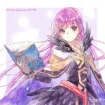  1girl belt black_dress black_feathers book border cape commission commissioner_upload decorations dress expressionless feathers fire_emblem fire_emblem:_the_binding_blade fire_emblem_heroes highres holding holding_book long_hair long_sleeves nagino open_book open_mouth purple_hair signature solo sophia_(fire_emblem) traditional_media very_long_hair violet_eyes watercolor_(medium) 