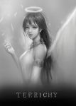  1girl angel_wings artist_name black_hair detached_sleeves grey_background greyscale halo hand_up highres looking_at_viewer monochrome original parted_lips simple_background solo terrichy upper_body wings 