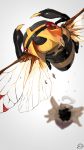  blurry blurry_background broken bug claws commentary flying gen_3_pokemon highres insect insect_wings ninjask no_humans pokemon pokemon_(creature) red_eyes shedinja shiny upside-down watermark white_background wings yuyu_ekaki_dayo 