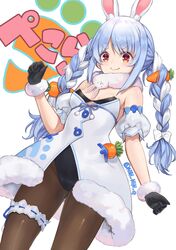  1girl animal_ears ass_visible_through_thighs bangs black_gloves blue_hair braid breasts bunny-shaped_pupils bunny_girl bunnysuit carrot_hair_ornament commentary_request don-chan_(usada_pekora) dress eyebrows_visible_through_hair food_themed_hair_ornament gloves hair_ornament highres hololive multicolored_hair ninnin_(shishitou) orange_eyes pantyhose rabbit_ears short_eyebrows sidelocks sketch small_breasts smile solo twintails two-tone_hair usada_pekora virtual_youtuber white_hair 