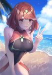  1girl bangs bare_arms bare_shoulders beach black_swimsuit breasts chest_jewel competition_swimsuit cowboy_shot day eyebrows_visible_through_hair highres jewelry large_breasts leaning_forward mirin. one-piece_swimsuit outdoors pyra_(xenoblade) red_eyes redhead short_hair solo swept_bangs swimsuit tiara tongue tongue_out v xenoblade_chronicles_(series) xenoblade_chronicles_2 