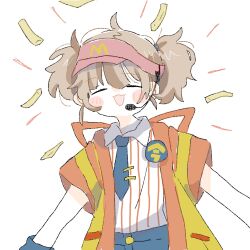  1girl :3 blue_necktie blush_stickers brown_hair collared_shirt commentary double_cheese_(mcdonald's) facing_viewer food french_fries happi happy happy_aura highres japanese_clothes mcdonald's microphone nana163i necktie open_mouth pinstripe_pattern pinstripe_shirt shirt shirt_tucked_in short_hair short_sleeves short_twintails simple_background smile solo tasuki twintails upper_body visor_cap white_background white_shirt 