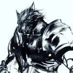  1boy armor breastplate grey_background greyscale highres jung_myung_lee male_focus monochrome original pauldrons shoulder_armor simple_background sketch solo teeth upper_body werewolf 