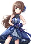  1girl absurdres bangs bare_arms bare_shoulders black_gloves blue_bow blue_dress blue_ribbon blush bow breasts commentary_request cowboy_shot dress earrings floral_print gem gloves hair_ornament hand_on_hip highres idolmaster idolmaster_cinderella_girls idolmaster_cinderella_girls_starlight_stage jewelry layered_dress long_hair looking_at_viewer medium_breasts necklace print_dress ribbon shibuya_rin simple_background sleeveless sleeveless_dress smile solo standing white_background zipgaemi 