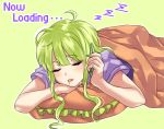  1girl ahoge cellphone closed_eyes commentary_request drooling english_text eyebrows_visible_through_hair fake_nails food green_hair hamburger highres holding holding_phone long_hair lying messy_hair multicolored multicolored_nails on_stomach original osanai_(shashaki) phone pillow shashaki simple_background sleeping under_covers zzz 
