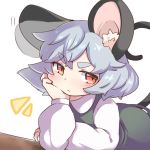  1girl animal_ear_fluff animal_ears black_dress blush commentary_request dress elbow_rest grey_hair highres leaning_forward long_sleeves looking_at_viewer mouse_ears mouse_tail nazrin red_eyes shirt short_hair simple_background solo tail take_no_ko_(4919400) thick_eyebrows touhou upper_body white_background white_shirt 