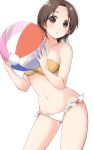  1girl ball bandeau bangs bare_shoulders beachball blush breasts brown_eyes brown_hair collarbone eyebrows_visible_through_hair girls_und_panzer highres holding holding_ball komekueyo looking_at_viewer medium_breasts navel parted_bangs parted_lips sawa_azusa short_hair solo 