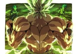  3boys absurdres blue_bodysuit blue_hair blue_sash blue_shirt blue_wristband bodysuit bracer broly_(dragon_ball_super) chinese_commentary clenched_hands collarbone commentary_request dougi dragon_ball dragon_ball_super dragon_ball_super_broly fighting_stance fur_sweater galbi_(iouytuuyio) gloves green_background green_fur green_hair green_theme highres legendary_super_saiyan looking_at_another male_focus medium_hair multiple_boys muscular muscular_male orange_dougi outside_border saiyan_armor sash shirt short_sleeves solo_focus son_goku spiky_hair super_saiyan super_saiyan_blue topless_male vegeta white_gloves 