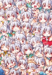  absurdres animal_ears chibi clenched_hands clone closed_eyes closed_mouth commentary_request grey_hair hair_between_eyes highres kibayashi_kimori medium_hair mouse_ears mouse_girl nazrin one_eye_closed open_mouth red_eyes too_many too_many_clones touhou 