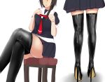  1girl black_footwear blue_skirt boots braid brown_hair closed_eyes closed_mouth high_heel_boots high_heels highres kantai_collection katsuten latex_boots long_hair red_neckwear school_uniform shigure_(kantai_collection) sitting skirt smile thigh-highs thigh_boots thighs white_background 