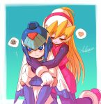  2girls android arms_around_neck bangs blonde_hair blue_eyes blush ciel_(rockman) closed_eyes dated eyebrows_visible_through_hair gloves hair_between_eyes heart helmet high_ponytail highres kamiyama_teten leviathan_(rockman) long_hair multiple_girls pantyhose ponytail rockman rockman_zero signature simple_background smile spoken_heart white_gloves yuri 