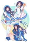  1girl absurdres bangs black_hair blue_footwear blunt_bangs cardcaptor_sakura cosplay daidouji_tomoyo enosst highres kinomoto_sakura kinomoto_sakura_(cosplay) long_hair magical_girl multiple_views puffy_sleeves shoes smile staff thigh-highs violet_eyes white_legwear 