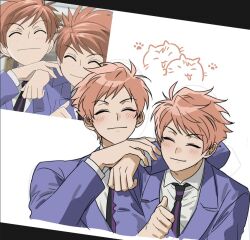  17_00 2boys animal animalization arm_on_another&#039;s_shoulder blush brothers cat closed_eyes commentary_request facing_viewer hitachiin_hikaru hitachiin_kaoru korean_commentary male_focus multiple_boys orange_hair ouran_high_school_host_club ouran_high_school_uniform reference_inset school_uniform short_hair siblings smile twins upper_body white_background 