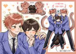  17_00 1girl 2boys animal animal_ears animalization argyle_background border brothers brown_border brown_hair cat cat_boy cat_ears cat_tail commentary_request fujioka_haruhi hand_on_another&#039;s_shoulder hitachiin_hikaru hitachiin_kaoru korean_commentary korean_text licking looking_at_another multiple_boys ouran_high_school_host_club ouran_high_school_uniform raccoon raccoon_ears raccoon_girl raccoon_tail reverse_trap school_uniform short_hair siblings tail translation_request twins yellow_eyes 