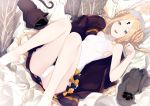  1girl abigail_williams_(fate/grand_order) abigail_williams_(swimsuit_foreigner)_(fate) absurdres bangs bare_shoulders barefoot blonde_hair blue_eyes blush bonnet bow breasts fate/grand_order fate_(series) feet_up forehead highres huge_filesize kurogiri long_hair looking_at_viewer lying on_back parted_bangs sidelocks small_breasts solo swimsuit thighs very_long_hair white_headwear white_swimsuit 