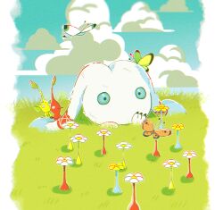  black_eyes blue_sclera blue_sky bug buried butterfly clouds colored_sclera colored_skin commentary_request day flower fukkatsu_no_maya grass hands_on_own_chin highres ice_pikmin leaf looking_at_another mamuta no_humans no_mouth orange_butterfly outdoors pikmin_(creature) pikmin_(series) pillarboxed pointy_ears red_pikmin red_skin red_spectralid scared shadow sitting sky white_butterfly white_flower white_spectralid wide-eyed yellow_butterfly yellow_flower yellow_pikmin yellow_skin yellow_spectralid 