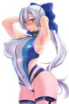  1girl armpits arms_up bangs blue_bow blue_swimsuit blush bow breasts fate/grand_order fate_(series) hair_bow high_ponytail highleg highleg_swimsuit highres large_breasts long_hair looking_at_viewer multicolored multicolored_clothes multicolored_swimsuit namidame open_mouth red_eyes silver_hair solo sweat swimsuit thigh_strap tomoe_gozen_(fate/grand_order) tomoe_gozen_(swimsuit_saber)_(fate) two-tone_swimsuit white_swimsuit 