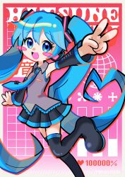  1girl :d absurdres bare_shoulders black_footwear black_skirt black_sleeves blue_eyes blue_hair blue_trim blush_stickers boots border character_name commentary detached_sleeves dot_nose english_commentary flat_chest grey_shirt hair_between_eyes hair_ornament hatsune_miku headphones headset highres long_hair looking_at_viewer marikyuunn necktie open_mouth petite pleated_skirt shirt skirt sleeveless smile solo standing standing_on_one_leg thigh-highs thigh_boots twintails v very_long_hair vocaloid white_border zettai_ryouiki 