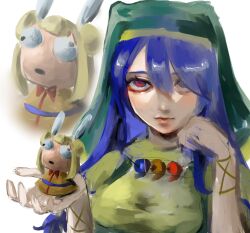  1girl blue_hair closed_mouth green_hat haniwa_kue haniyasushin_keiki hat headscarf highres jewelry joutouguu_mayumi lips long_hair looking_at_viewer magatama magatama_necklace necklace red_eyes simple_background solo statue touhou upper_body white_background 