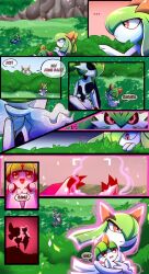  1other 2girls area_zero armor artist_name bowl_cut bush colored_skin grass green_hair hair_over_one_eye hiding highres horns iron_valiant kirlia multiple_girls on_grass open_mouth pink_eyes pokemon pokemon_(creature) psychic ralts robot sidelocks sketchygarden smile speech_bubble white_armor white_skin 