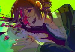  1girl blood blood_from_mouth blood_on_face blood_on_ground blood_on_hands broken buttons collared_shirt crushed crying crying_with_eyes_open disembodied_eye drill_hair fingernails flat_chest from_side hair_between_eyes highres jacket kasane_teto lying mao206327 nail_polish on_floor parted_bangs push-button red_eyes red_nails redhead shirt side_drill solo suit suit_jacket taihaiteki_jinsei_sanka_(utau) tears upper_body wing_collar 