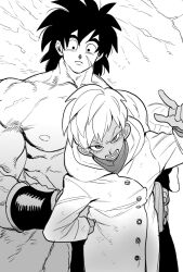  1boy 1girl black_hair broly_(dragon_ball_super) cheelai commentary dragon_ball dragon_ball_super fur_(clothing) greyscale looking_at_viewer monochrome muscular muscular_male nanika_(nnkgh) open_mouth pelt pixie_cut scar scar_on_cheek scar_on_face short_hair topless_male white_hair 